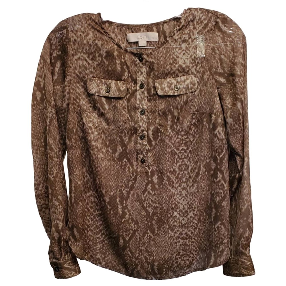 LOFT Women's Petites Half Button Down Snake Animal Print Blouse Size XXS